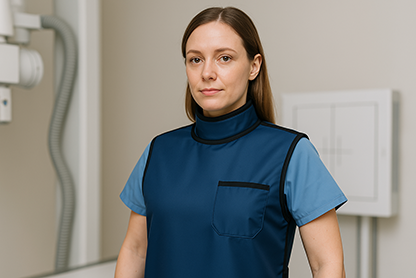 Kobieta w fartuchu RTG w gabinecie rentgenowskim, widok z przodu - Coradika.