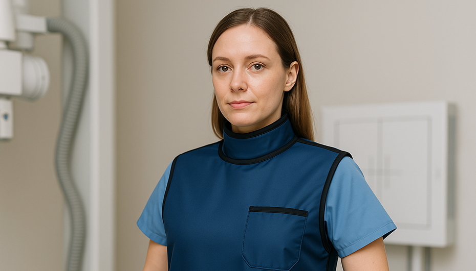 Kobieta w fartuchu RTG w gabinecie rentgenowskim, widok z przodu - Coradika.