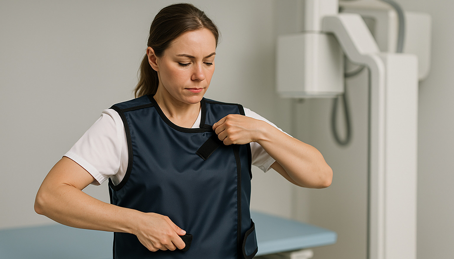 Kobieta zakładająca fartuch RTG w gabinecie rentgenowskim – Coradika.